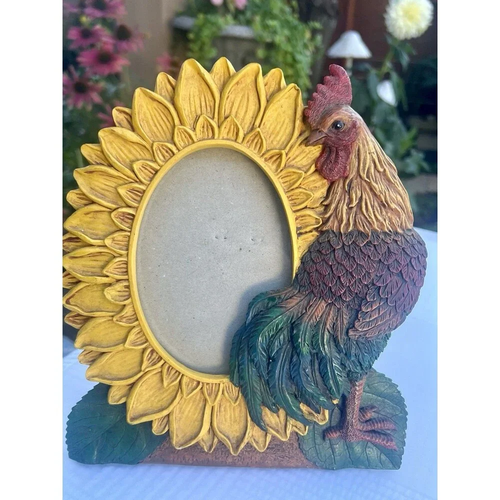 Vintage Rooster Sunflower Picture Frame 8x7 Farmhouse Cottagecore Country Decor